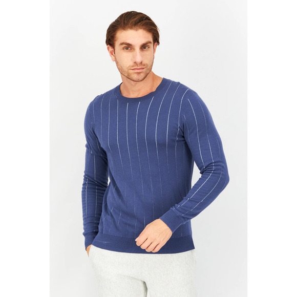 Alfani Men's Double-Knit Crewneck Long Sleeve Sweater Blue Nite-Small RT60 - Picture 1 of 7